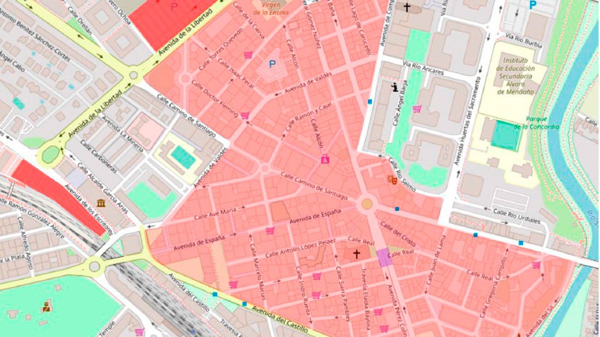 Parte del mapa de afección de la Zona de Bajas Emisiones (la parte roja) en Ponferrada.