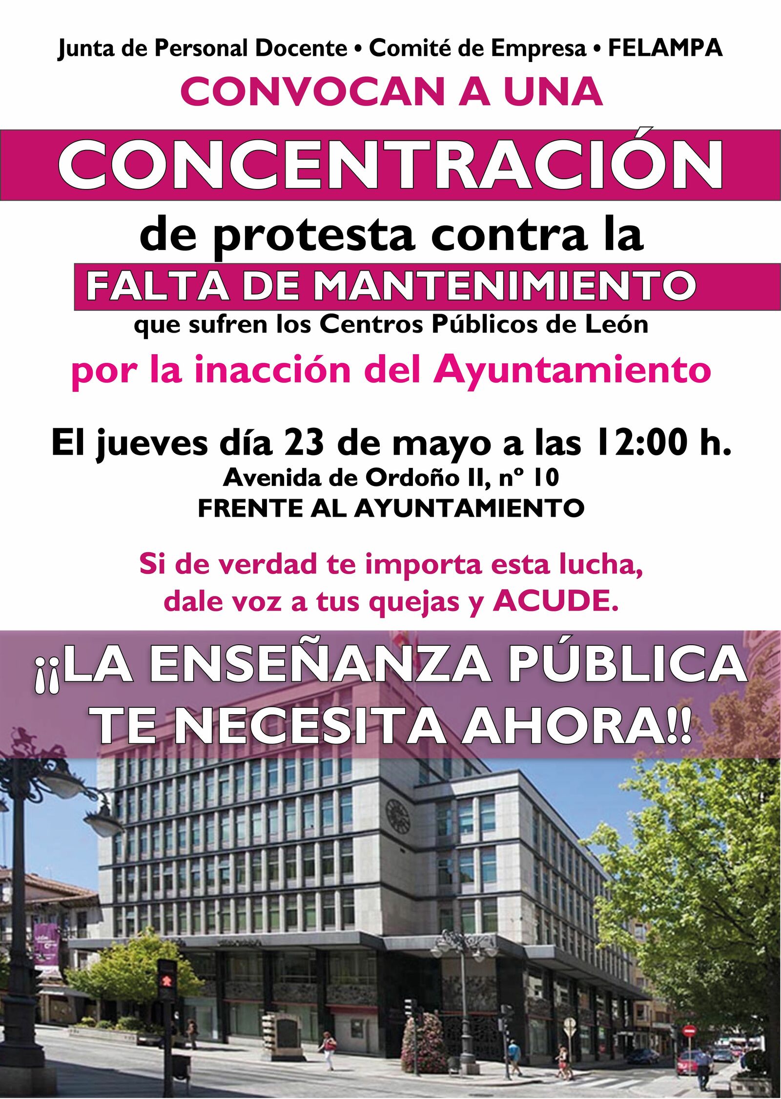 Convocatoria de concentración de los sindicatos educativos ante el Ayuntamiento de León.