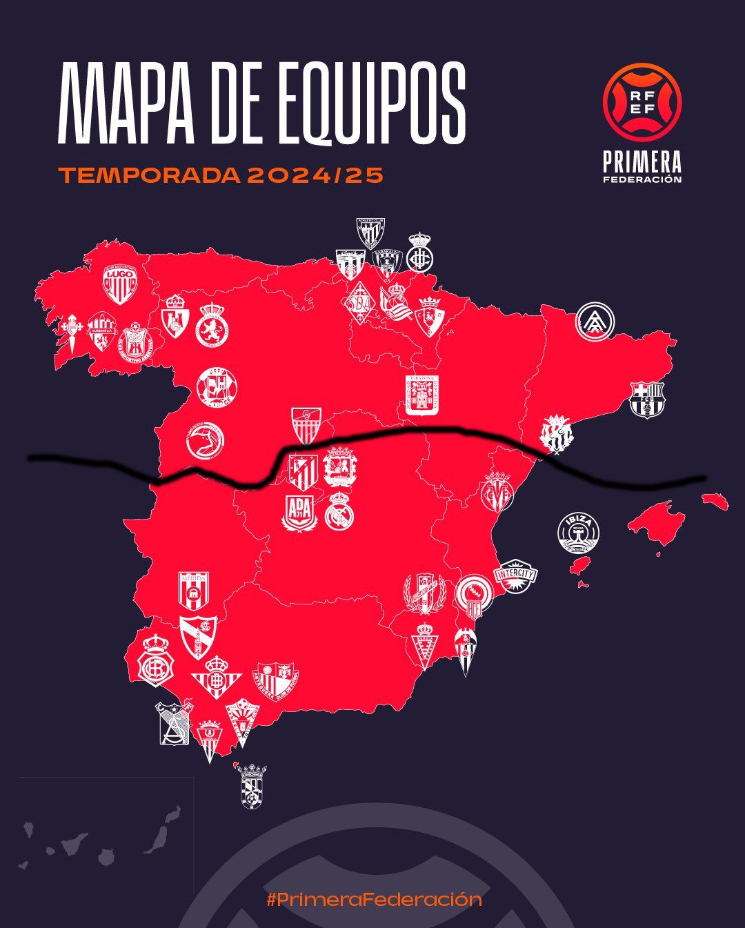 Mapa de la Primera RFEF 2024-25, con la división que defenderá la Cultural.  RFEF