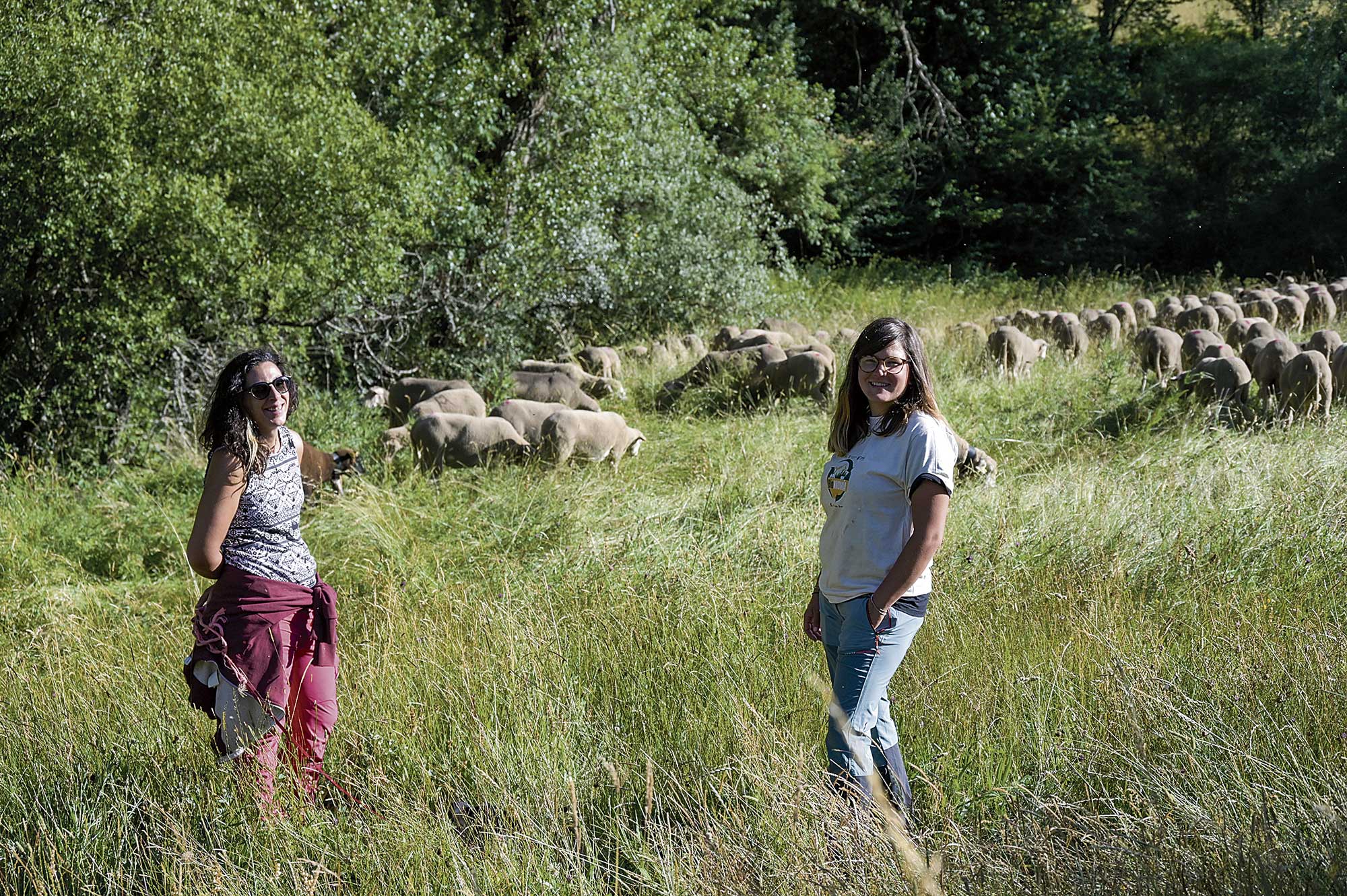 Susana y María con algunas de las ovejas de su rebaño, caminando desde Las Pintas hasta Salamón para acudir al "encuentro". | MAURICIO PEÑA