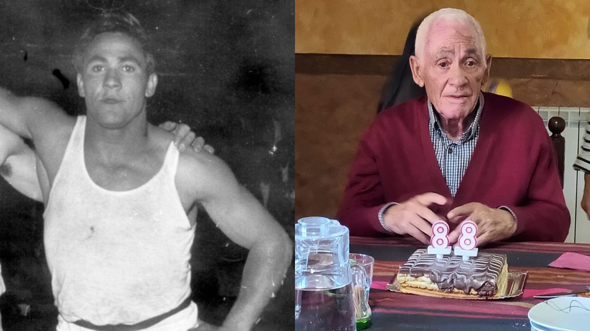 Cayo de Celis en dos etapas bien diferentes de su vida; en su época de poderoso luchador (a la izquierda) y en el último cumpleaños que celebró con los suyos, 88 años.