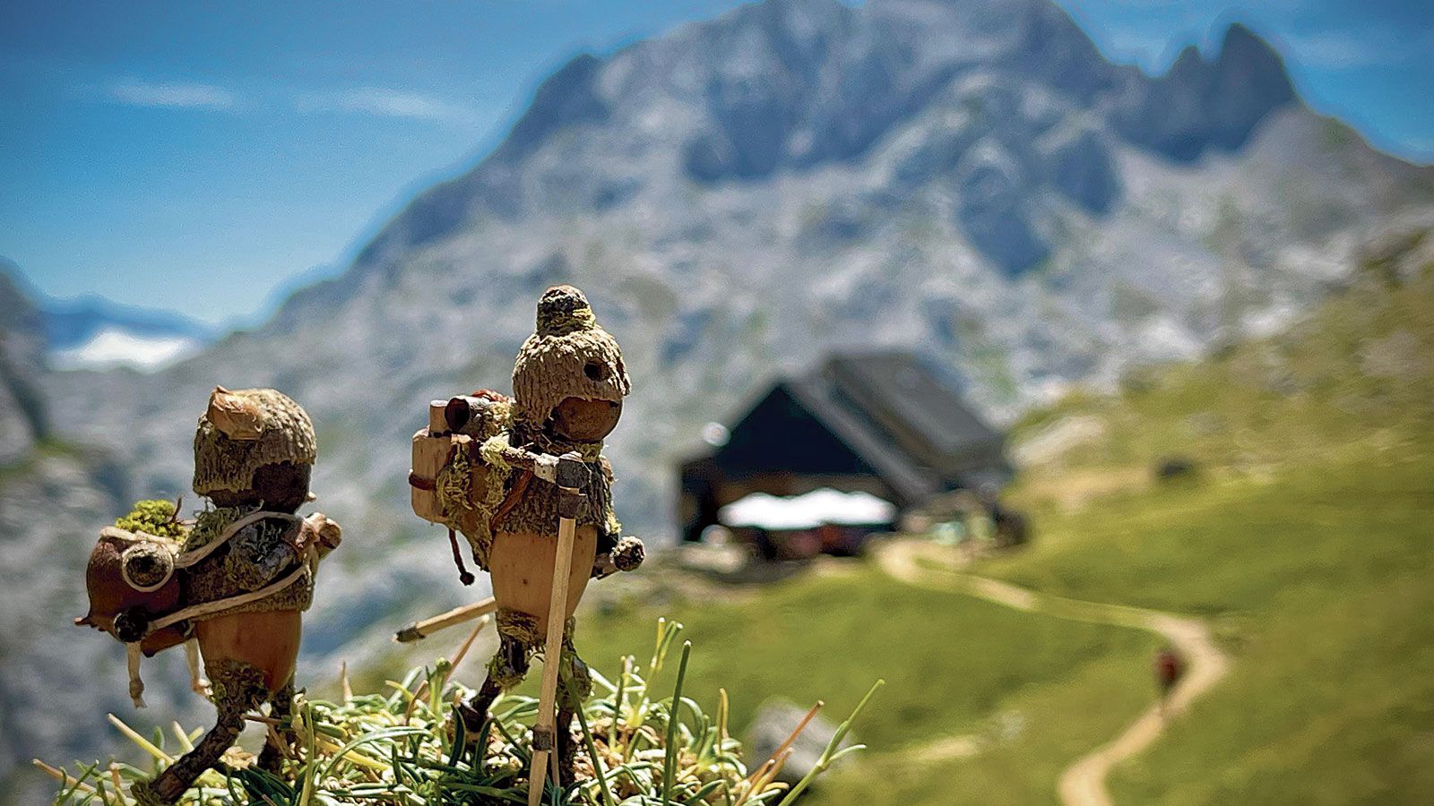 Los personajes de ‘Los bellotines’,  hechos siempre en bellotas y que en esta ocasión llevó a fotografiar a Collado Jermoso, en Picos de Europa. | JAVI CUESTA