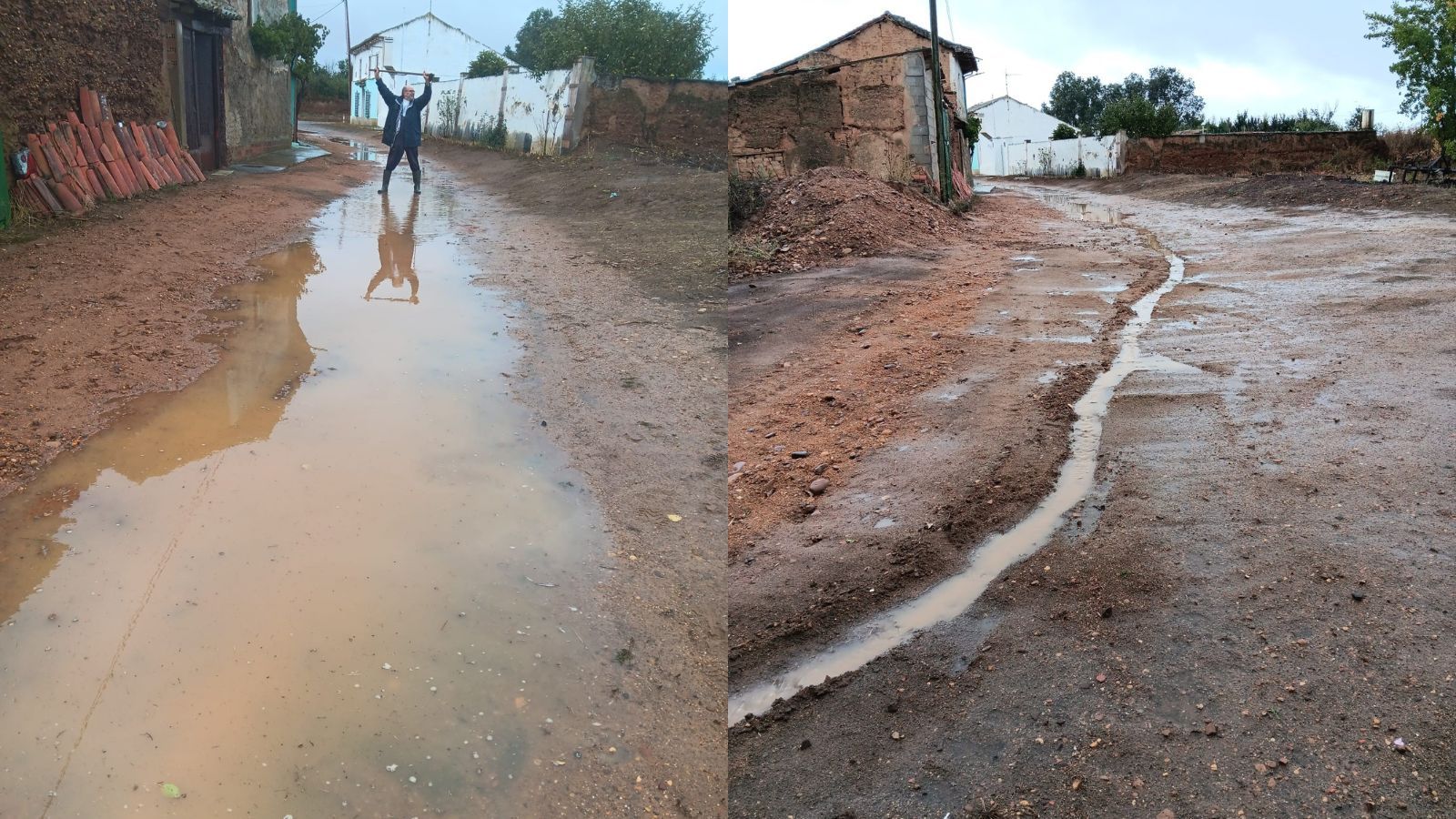 Una de las calles inundadas de Conforcos y el reguero realizado por los vecinos para evutar la acumulación de agua. | L.N.C.