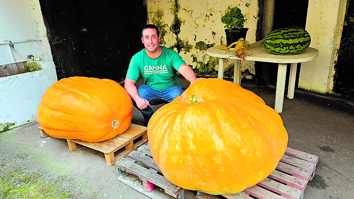 Heber Arenas posa con dos de sus calabazas gigantes para un reportaje en La Nueva España de Asturias.