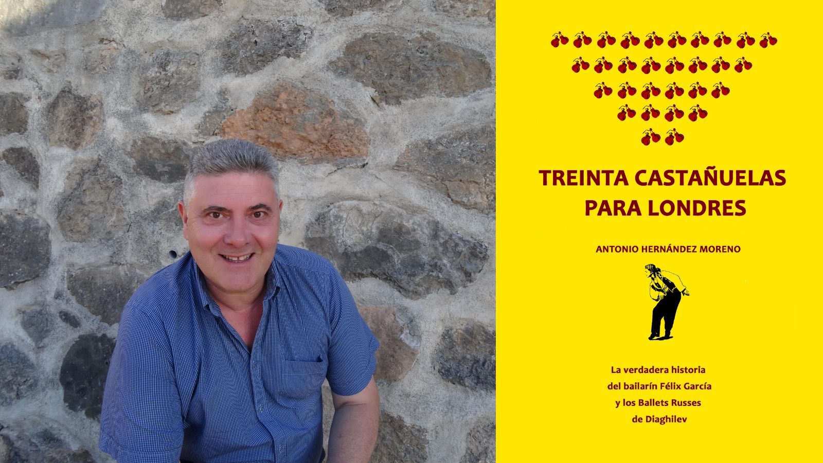 Antonio Hernández Moreno y la portada de su libro 'Treinta castañuelas para Londres'.