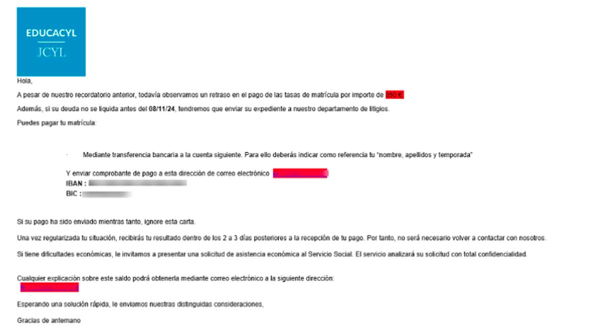 Correo electrónico fraudulento, en el que se hacen pasar por la Consejería de Educación.