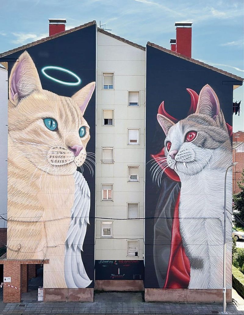 Los gatos del leonés Manuel García fueron inspiración para el artista, que los reflejó en un muro de Guardo