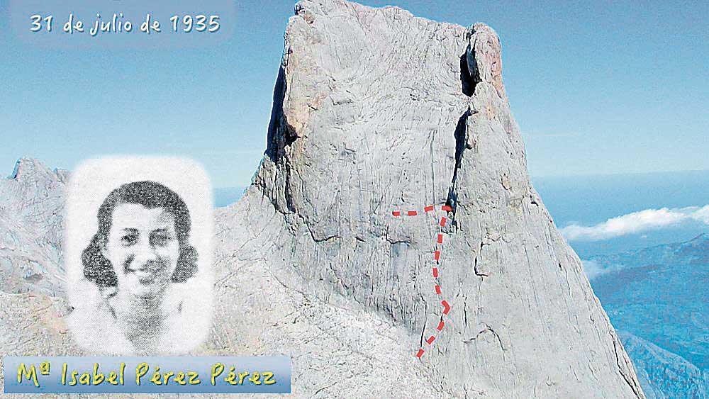 Fotomontaje de Ana Isabel Martínez de Paz con la imagen de ‘la cainejina’ que primero subió al Naranjo de Bulnes, María Isabel Pérez, y la ruta que siguió.