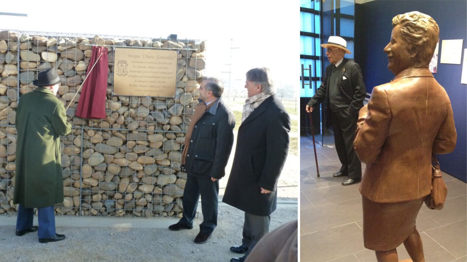 Inauguración de la placa en recuerdo a Charo González y Conrado Blanco junto a su escultura. | FUNDACIÓN CONRADO BLANCO