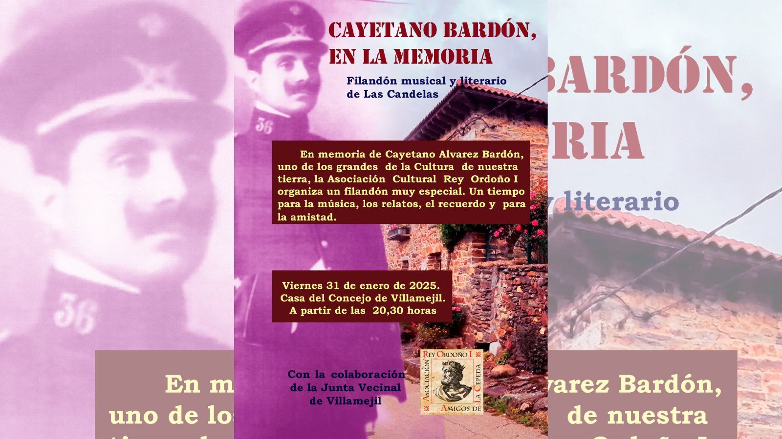 El cartel del homenaje a Cayetano Bardón en Villamejil.