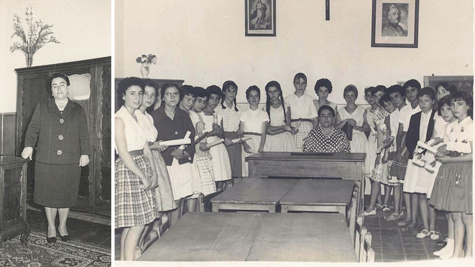 Ángela Ruiz Robles, ‘Doña Angelita’, en su despacho y rodeada de las alumnas de una de las escuelas, fotos que conserva su bisnieta María González de la Rivera.