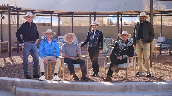 Jesús Calleja, junto a sus compañeros de viaje espacial. | BLUE ORIGIN