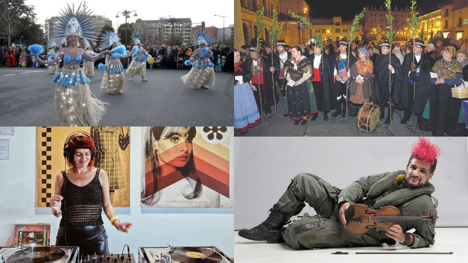 Arriba, imágenes del Carnaval en León y de las Rondas Leonesas de Mauricio Peña. Abajo, la Dj Mary Pertur y Strad, el violinista rebelde.