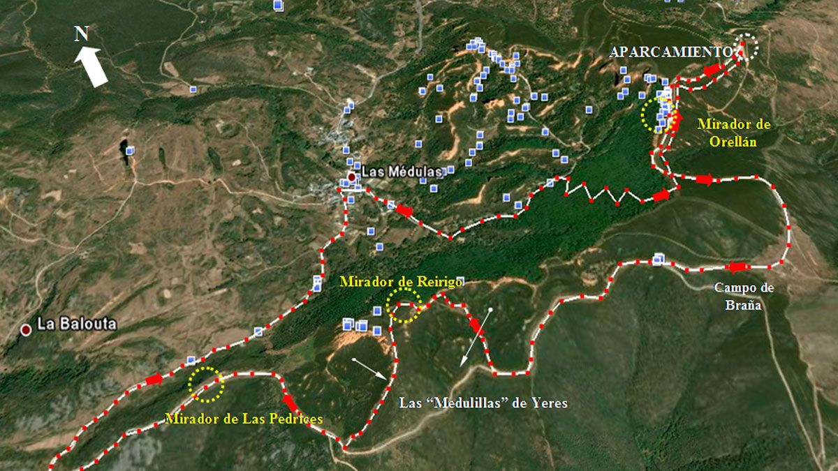 Ubicación de la ruta de senderismo ‘Caminando por Las Médulas, por los Miradores y las Medulillas de Yeres’, en Google Earth.